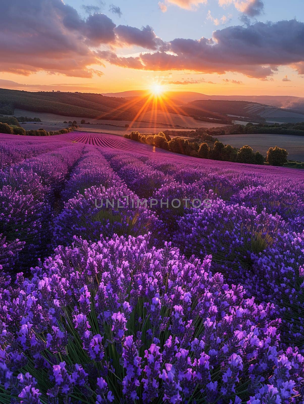 Lavender Fields Swirling in the Breeze at Sunset, The purple blurs with the horizon, the day closing in a fragrant haze.