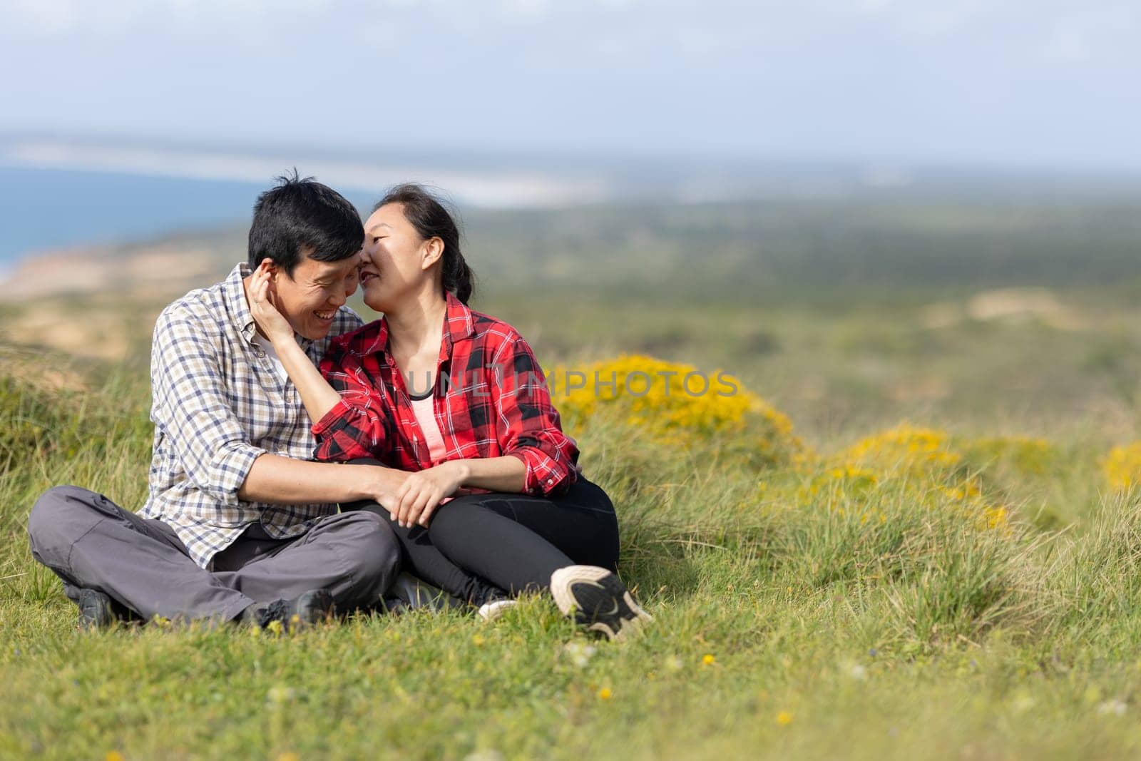 A couple is sitting on a grassy hillside, holding hands and looking at the ocean by Studia72