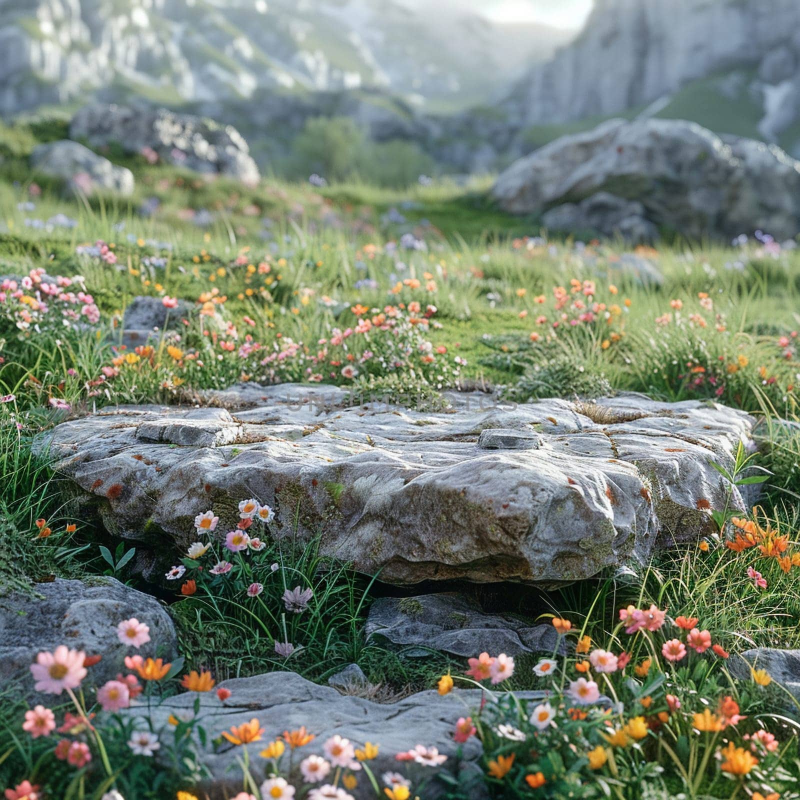 Rustic Stone Plinth Surrounded by Wildflowers and Greenery The natural textures blur into an outdoor by Benzoix