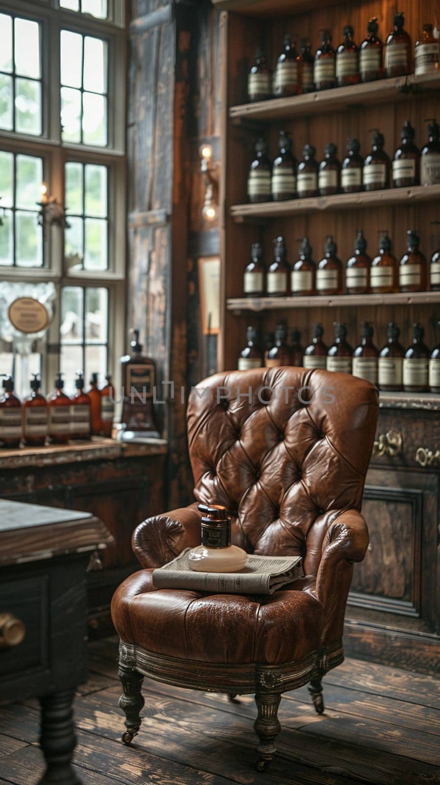 Aged Leather Pedestal in a Gentleman's Club Environment, The leather merges with the backdrop of luxury and masculinity, ideal for men's grooming products.