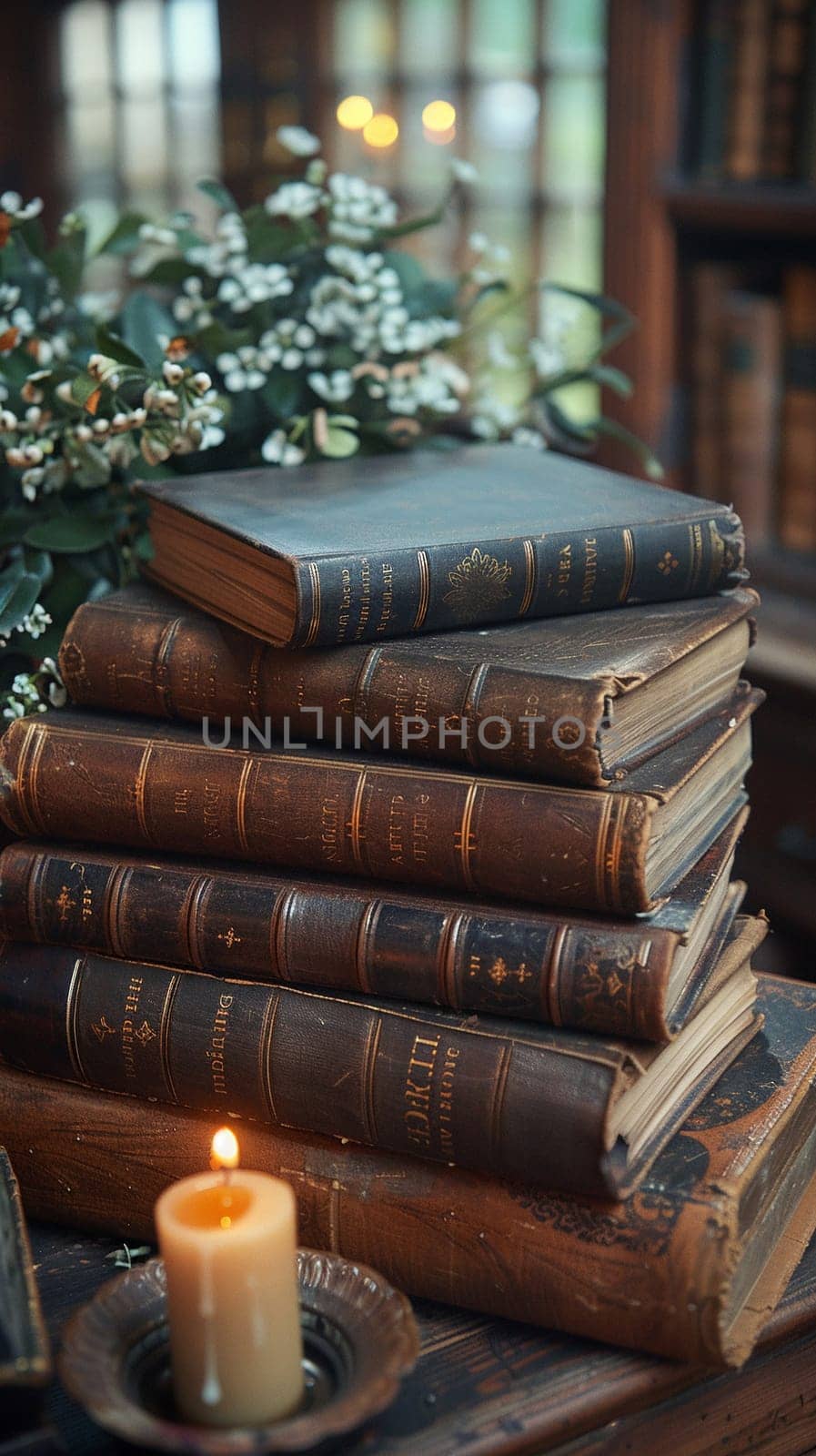 Leather-Bound Books and Soft Candlelight, Historical novels layered and binding-blurred, evoking the romanticism of past narratives.