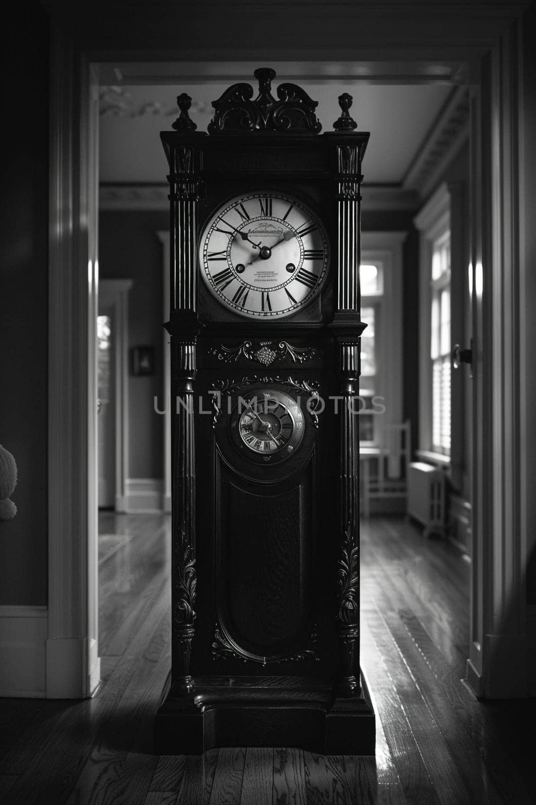 Silent Grandfather Clock Ticking Away in an Empty Hall, The hands blur with time, the heartbeat of a home standing sentinel.