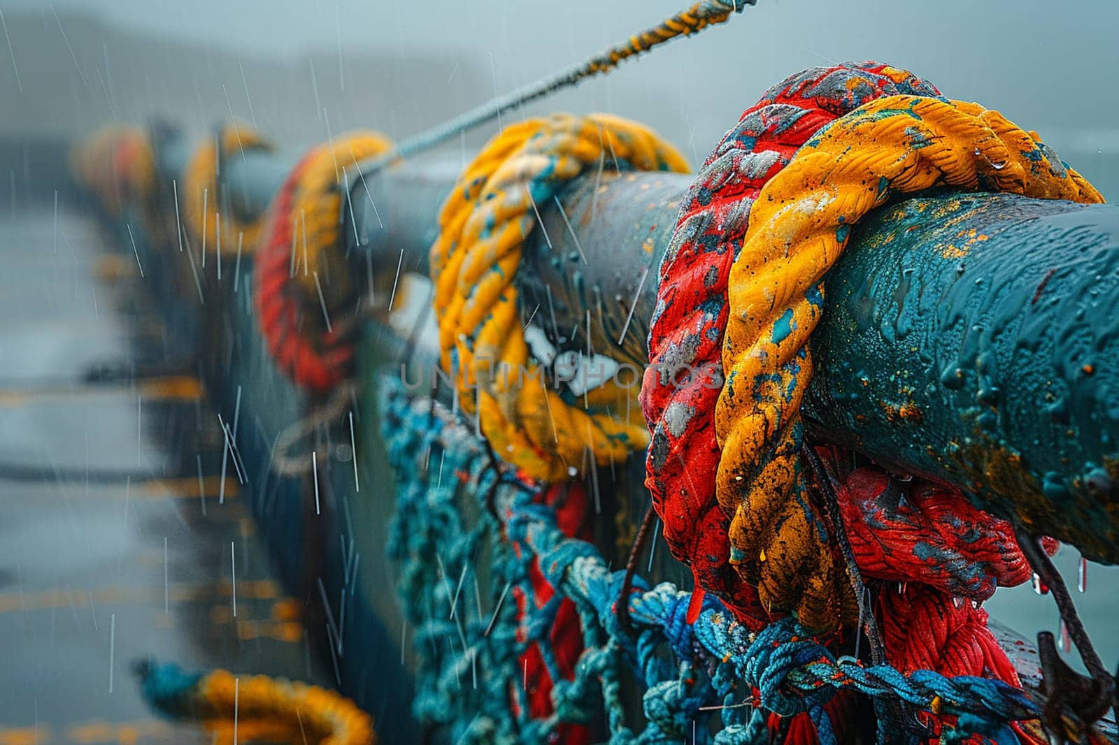 Tangled Fishing Nets Drying on a Seaside Wharf, The nets blur with the docks, tales of the sea caught in their weaves.