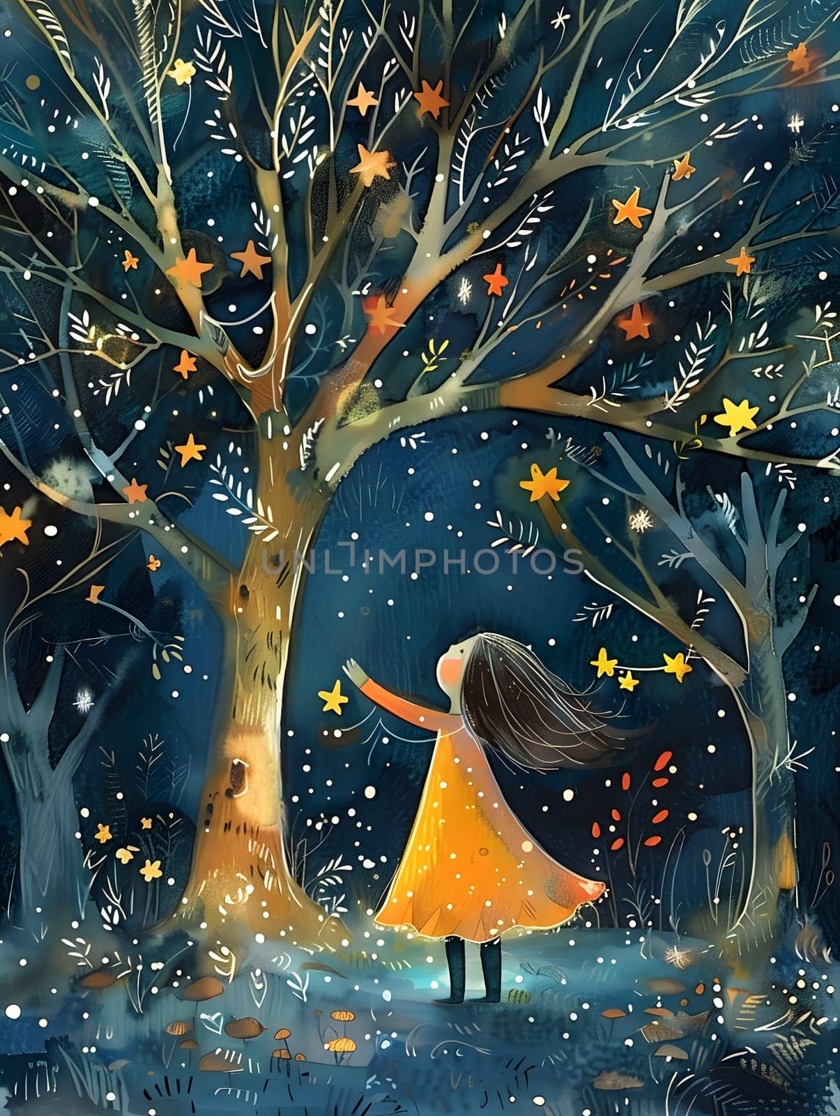 A girl in a yellow dress standing under a starry tree with stars by Nadtochiy