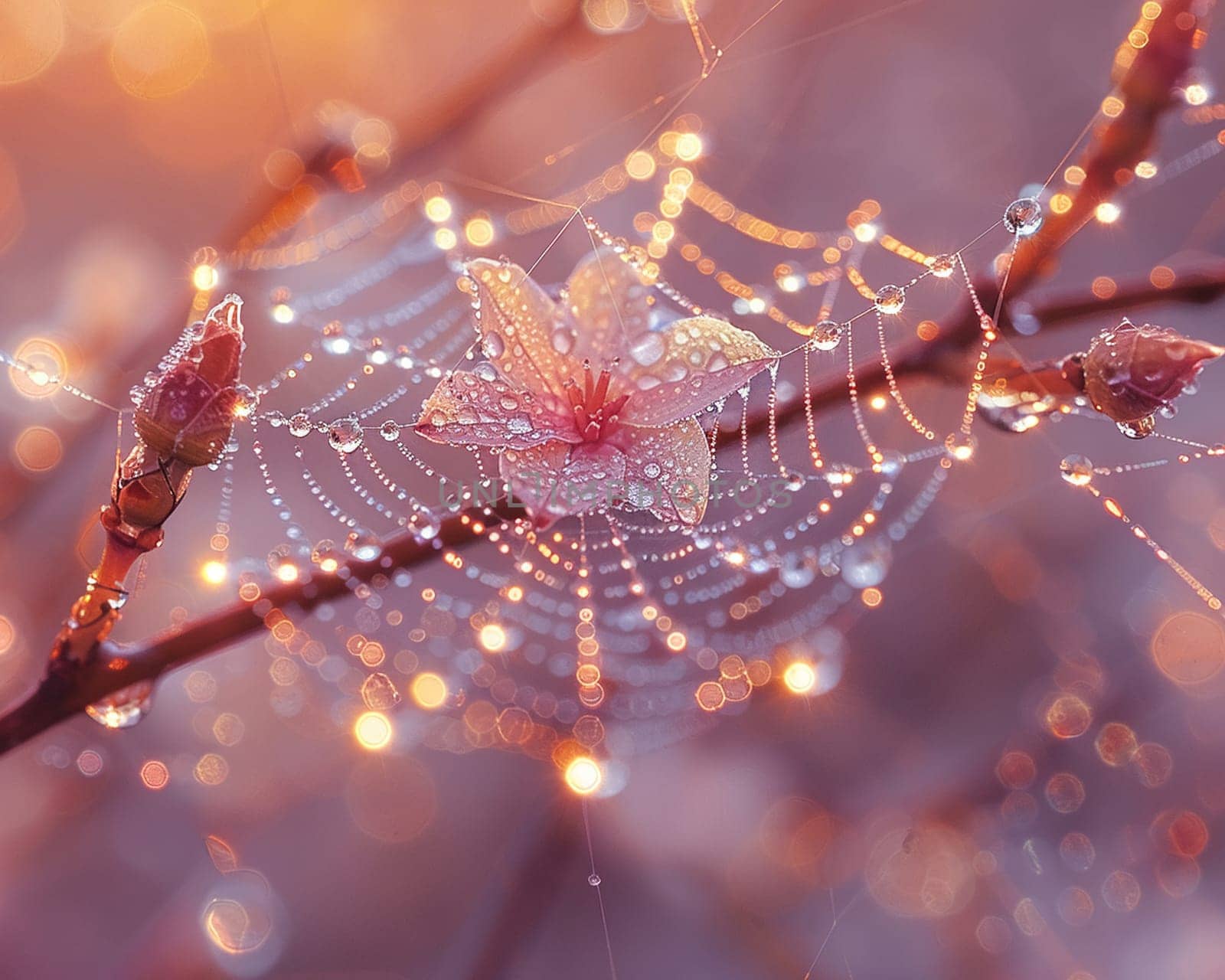 Glistening Raindrops on a Spiderweb at Dawn, The droplets blur with silk, the morning's delicate jewels suspended in time.