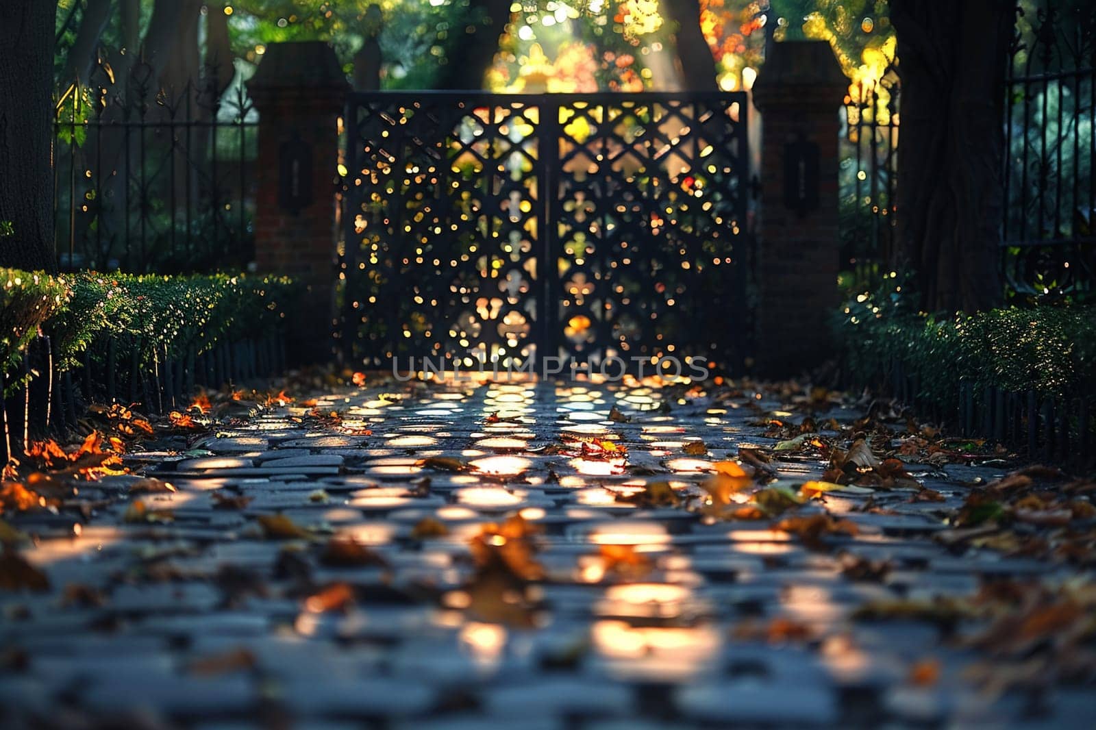 Lacy Shadows Cast by an Intricate Iron Gate, The patterns blur onto the path, the gate's silent storytelling.