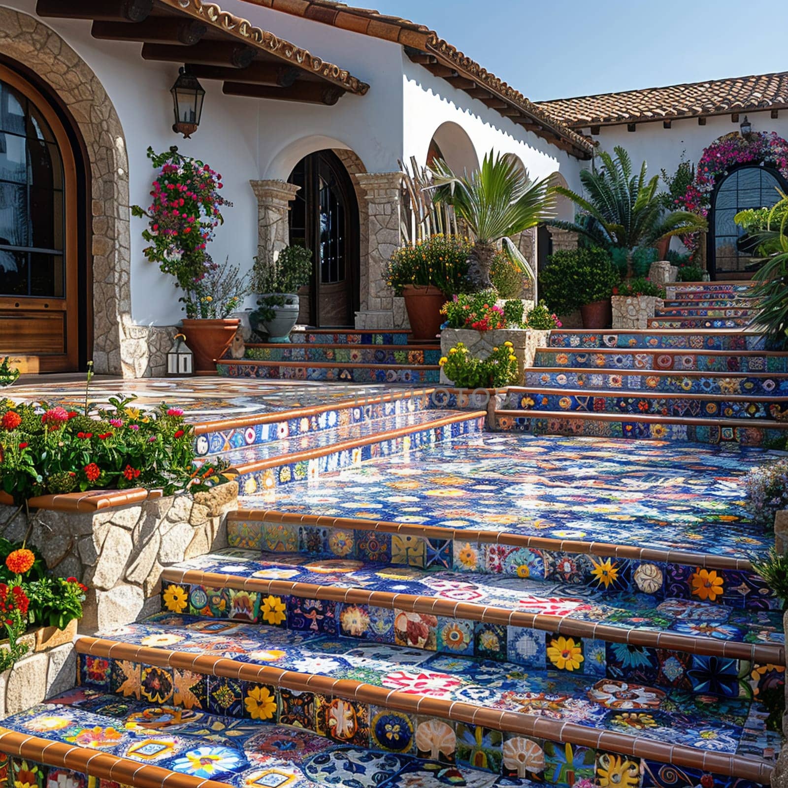 Tiled Mosaic Podium in a Mediterranean Courtyard, The colorful tiles blur with the sunny ambiance, perfect for vibrant and exotic product lines.