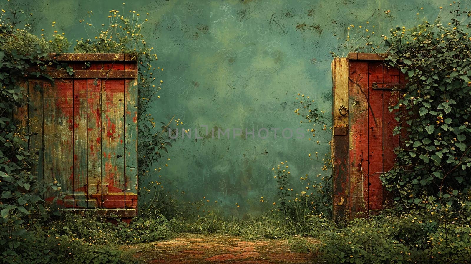 Weathered Garden Gate Opening to a Secret Garden, The gate blurs with the green, an invitation to a secluded paradise.