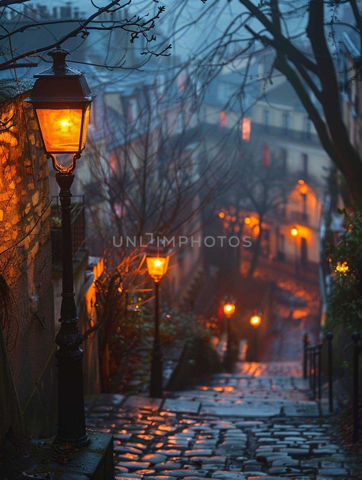 Wrought Iron Street Lamps Flickering in a Historic District The iron blurs with twilight by Benzoix