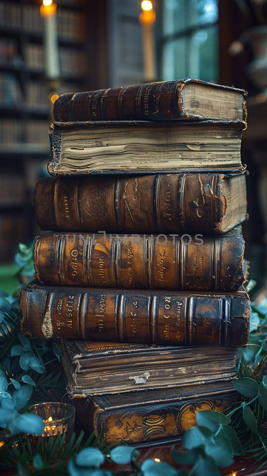 Leather-Bound Books and Soft Candlelight Historical novels layered and binding-blurred by Benzoix