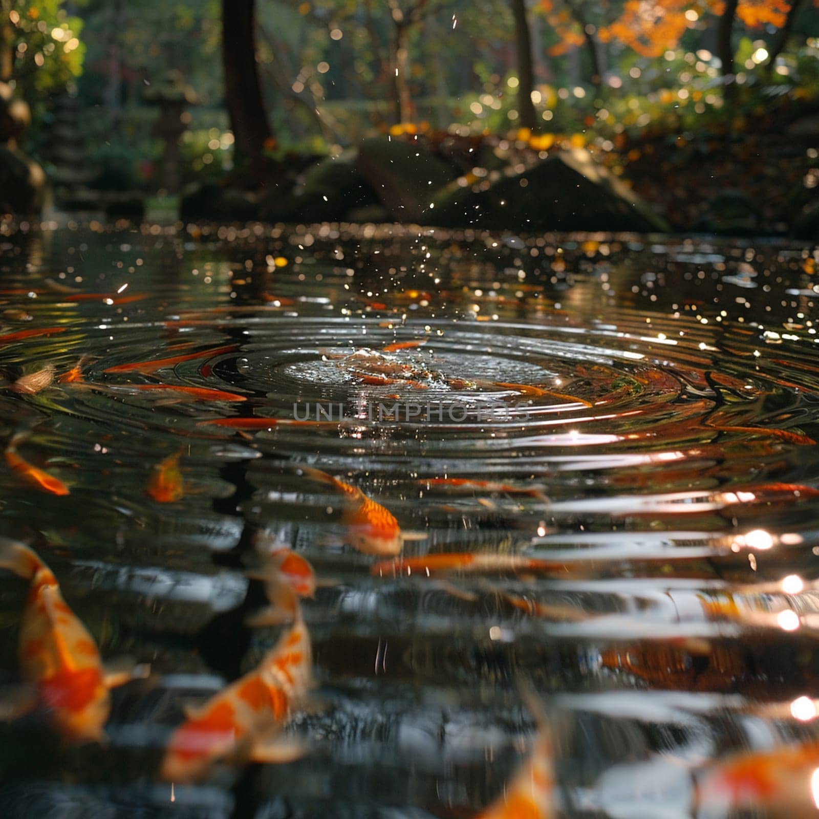 Ripples Across a Koi Pond at a Tranquil Zen Garden The water blurs with movement by Benzoix