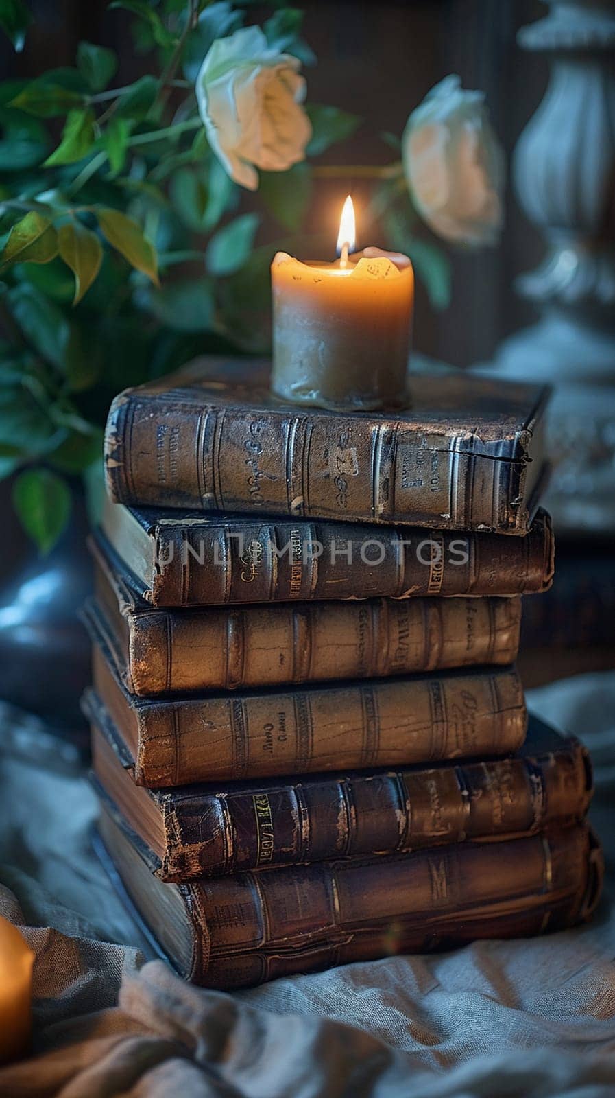 Leather-Bound Books and Soft Candlelight Historical novels layered and binding-blurred by Benzoix