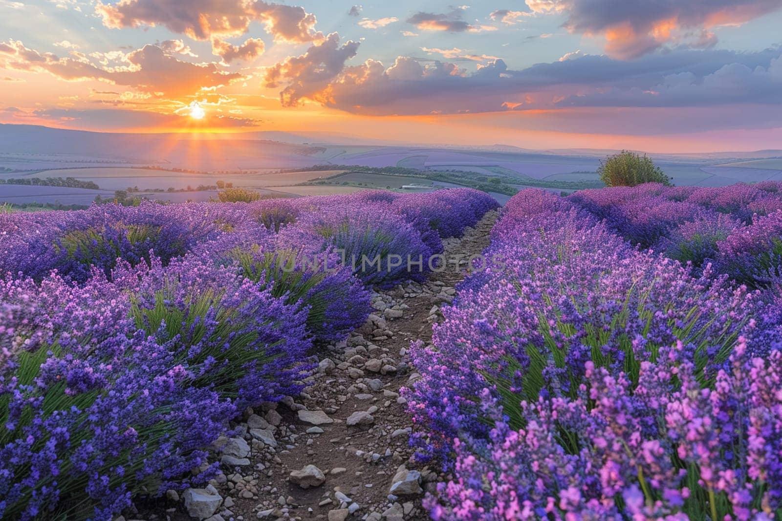 Aromatic Lavender Fields Swathing the Countryside, The purple blurs with the horizon, the scent of tranquility in every breeze.