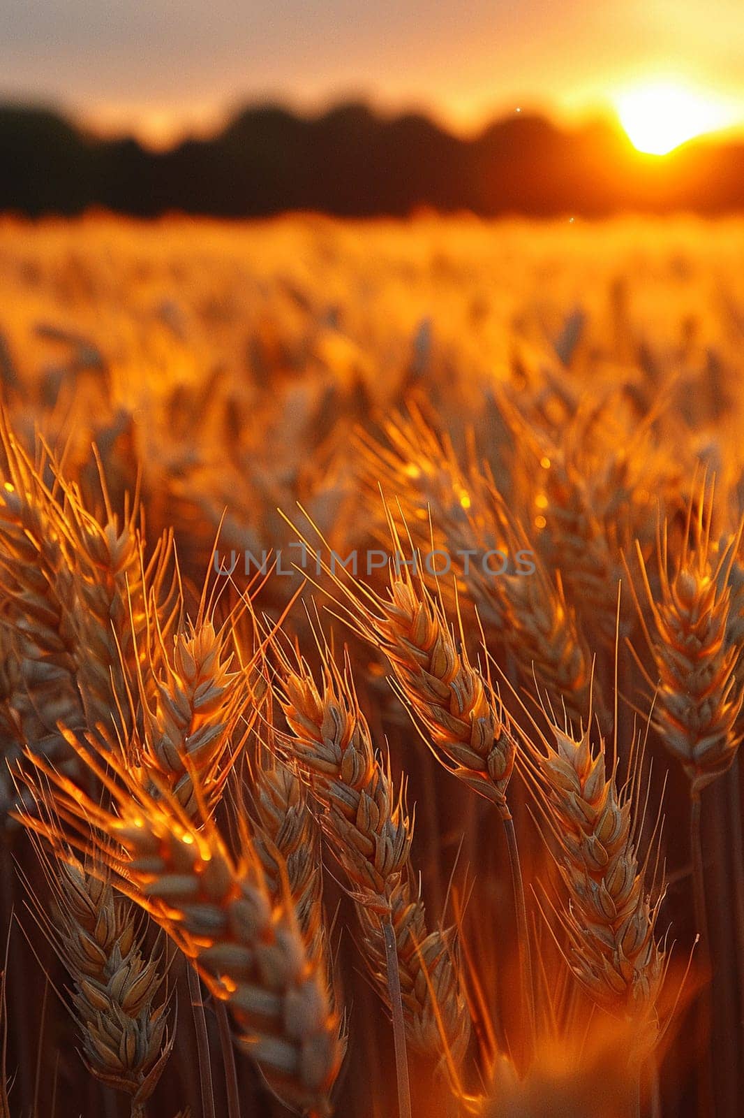 Golden Hour Over a Field of Wheat Ready for the Harvest, The light blurs with the grain, the earth basking in the day's last warmth.