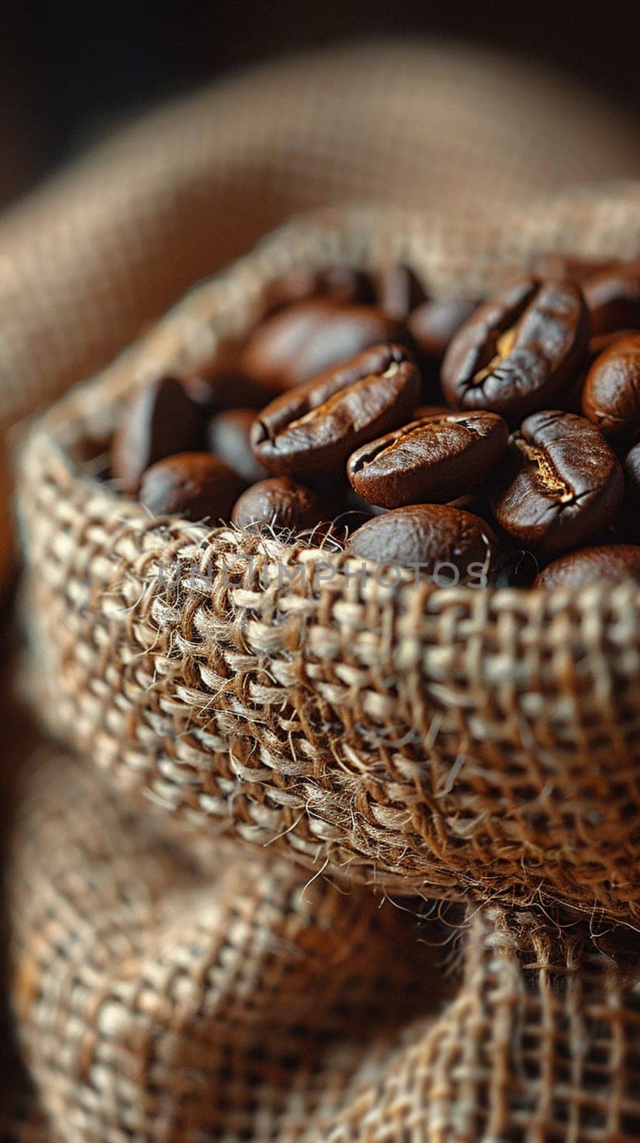Aromatic Coffee Beans Scattered on Burlap, The beans blur with the fabric, the scent of morning grounded in texture.