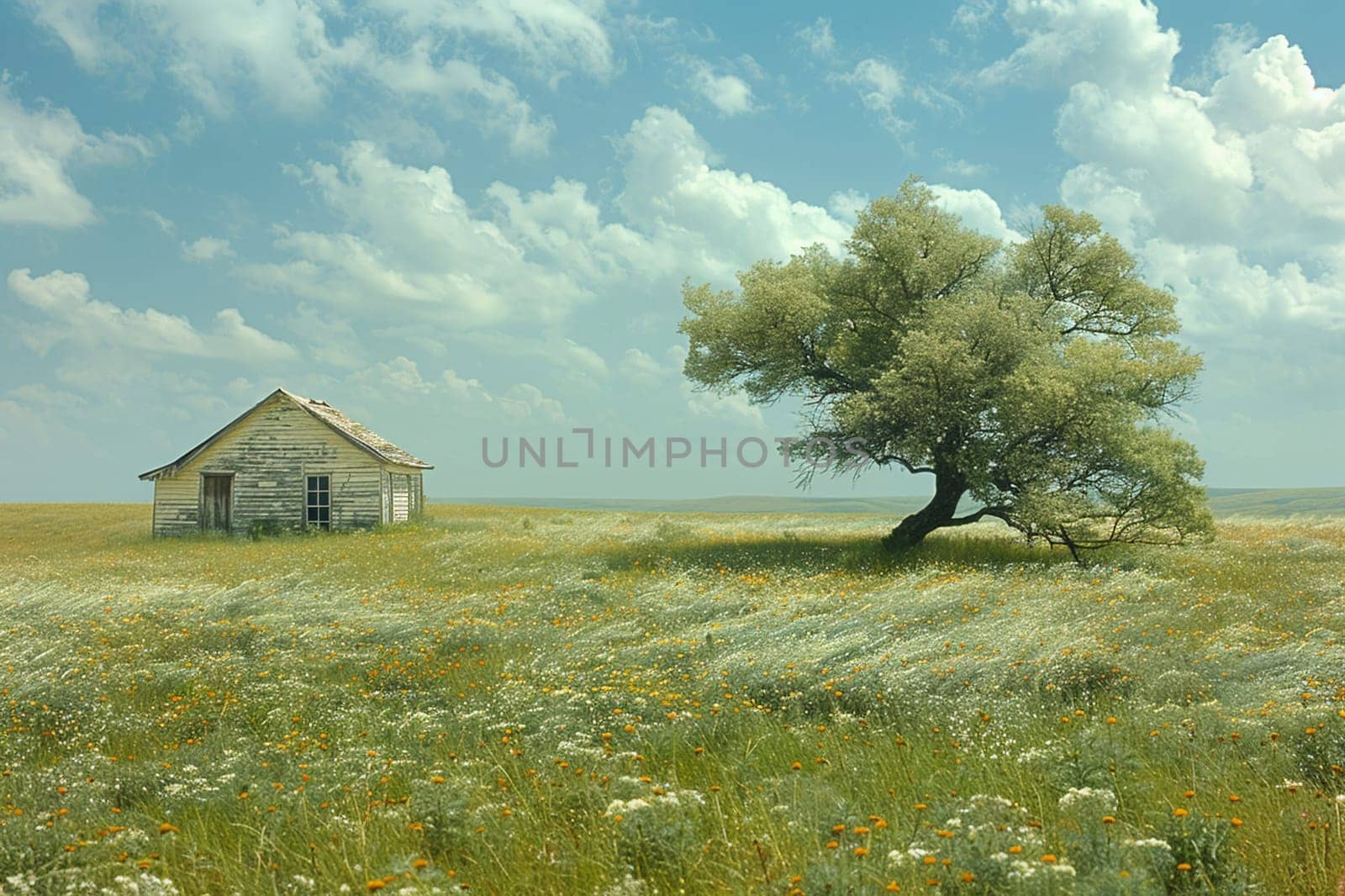 Windswept Prairie with a Lone Cottonwood Tree, The branches blur with the grass, a dance of life in the open expanse.