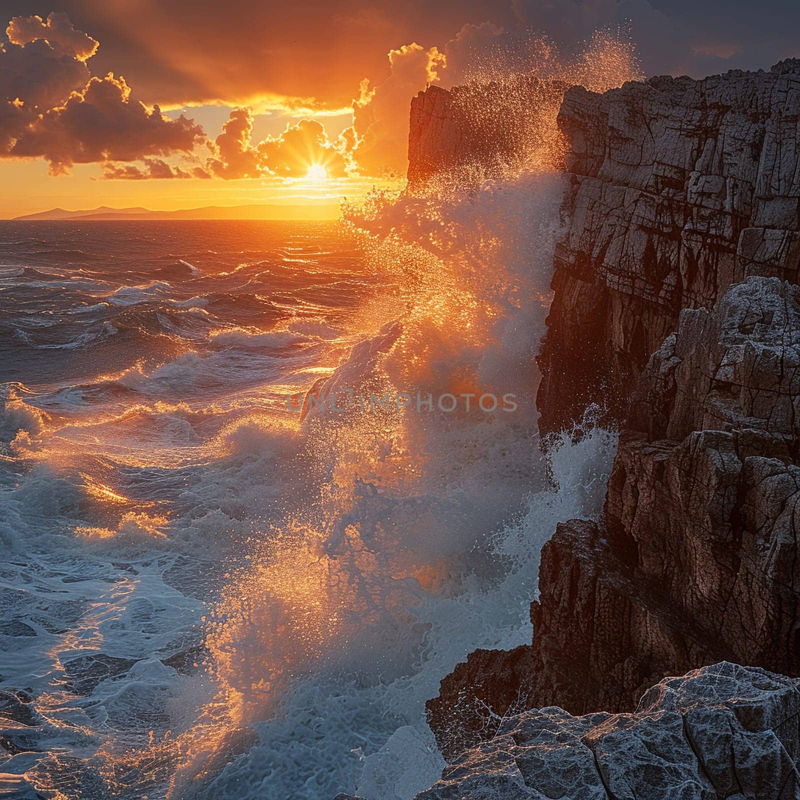 Crashing Waves Against a Rocky Cliff at Sunset, The water blurs into spray, the ocean's relentless charge.