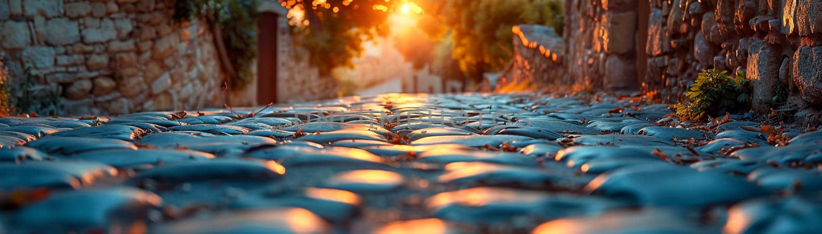 Cobbled Streets Winding Through an Old Town at Dusk, The stones blur into the twilight, a path well-traveled and worn.