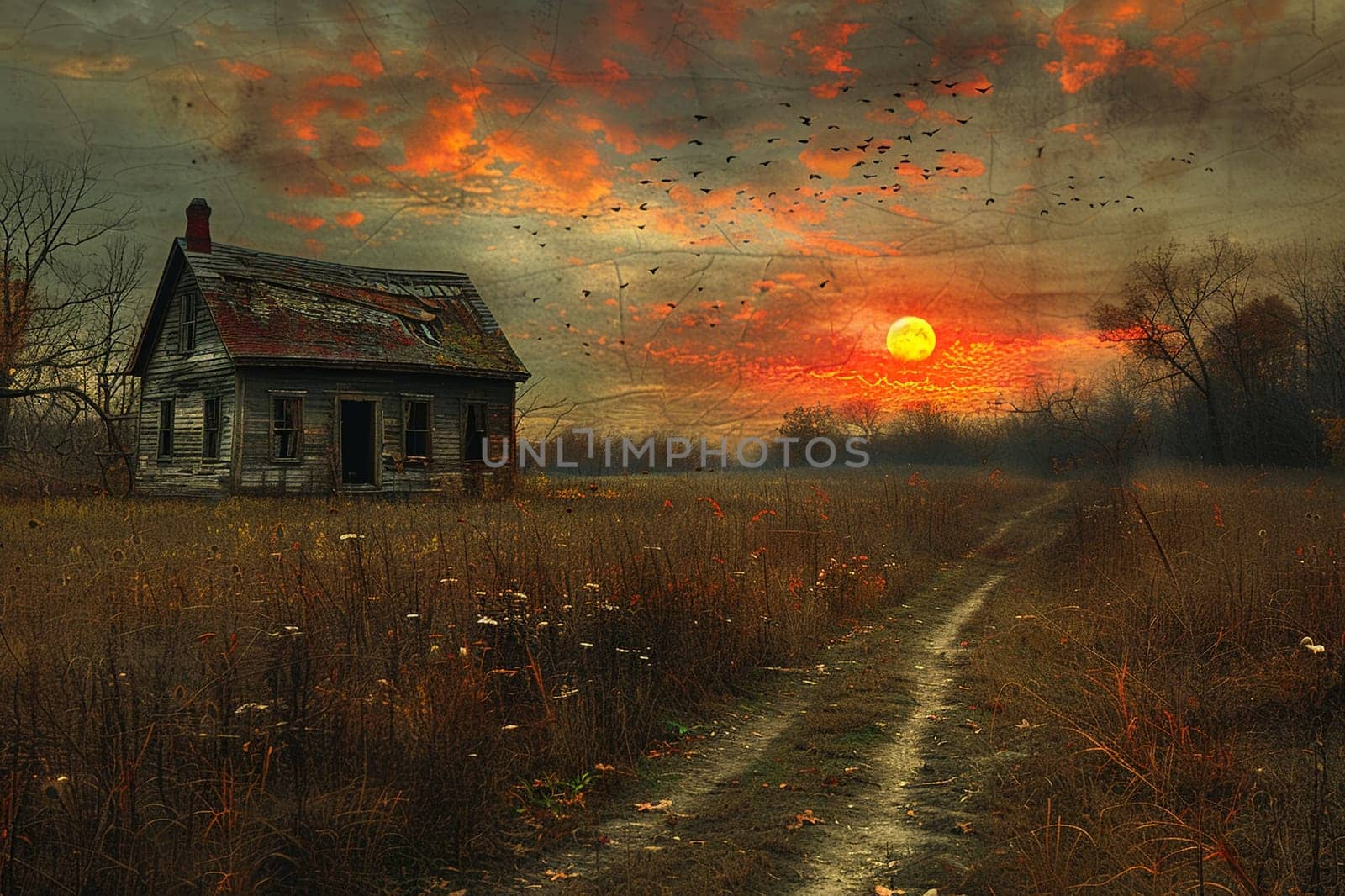 Dilapidated Homestead Fading into a Rural Sunset, The wood blurs with the horizon, a day's end to stories etched in time.