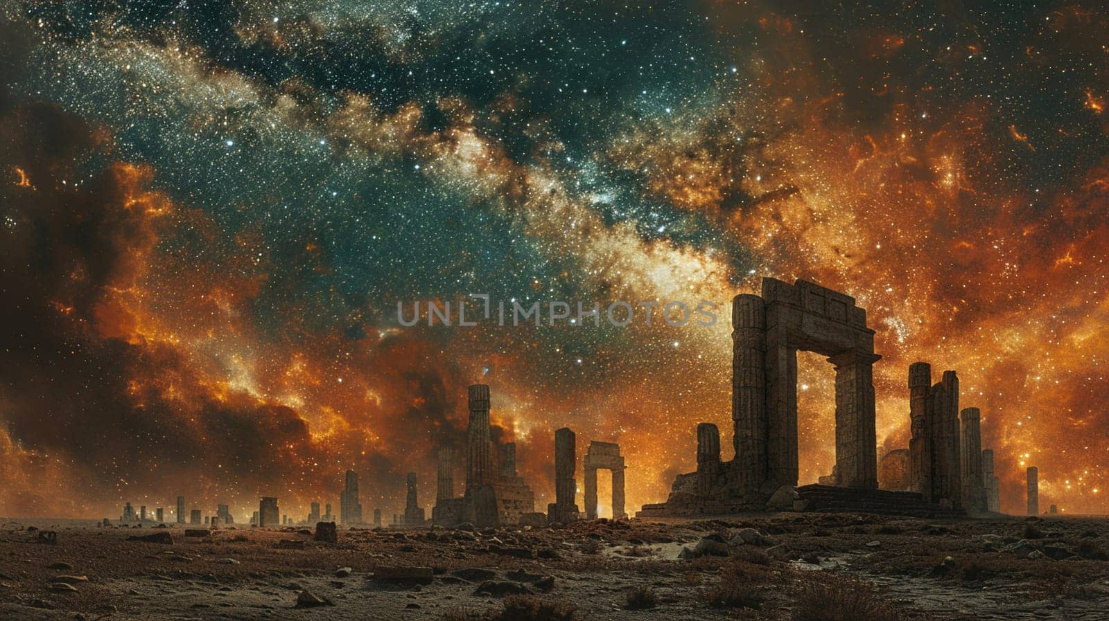 Enigmatic Ruins Standing Under the Milky Way, Stones blur into the cosmos, history beneath a tapestry of stars.