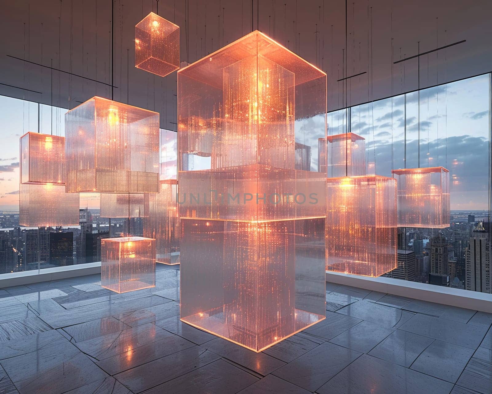 Suspended Glass Cubes Against a Soft Focus City Skyline The cubes seem to float against the urban backdrop by Benzoix