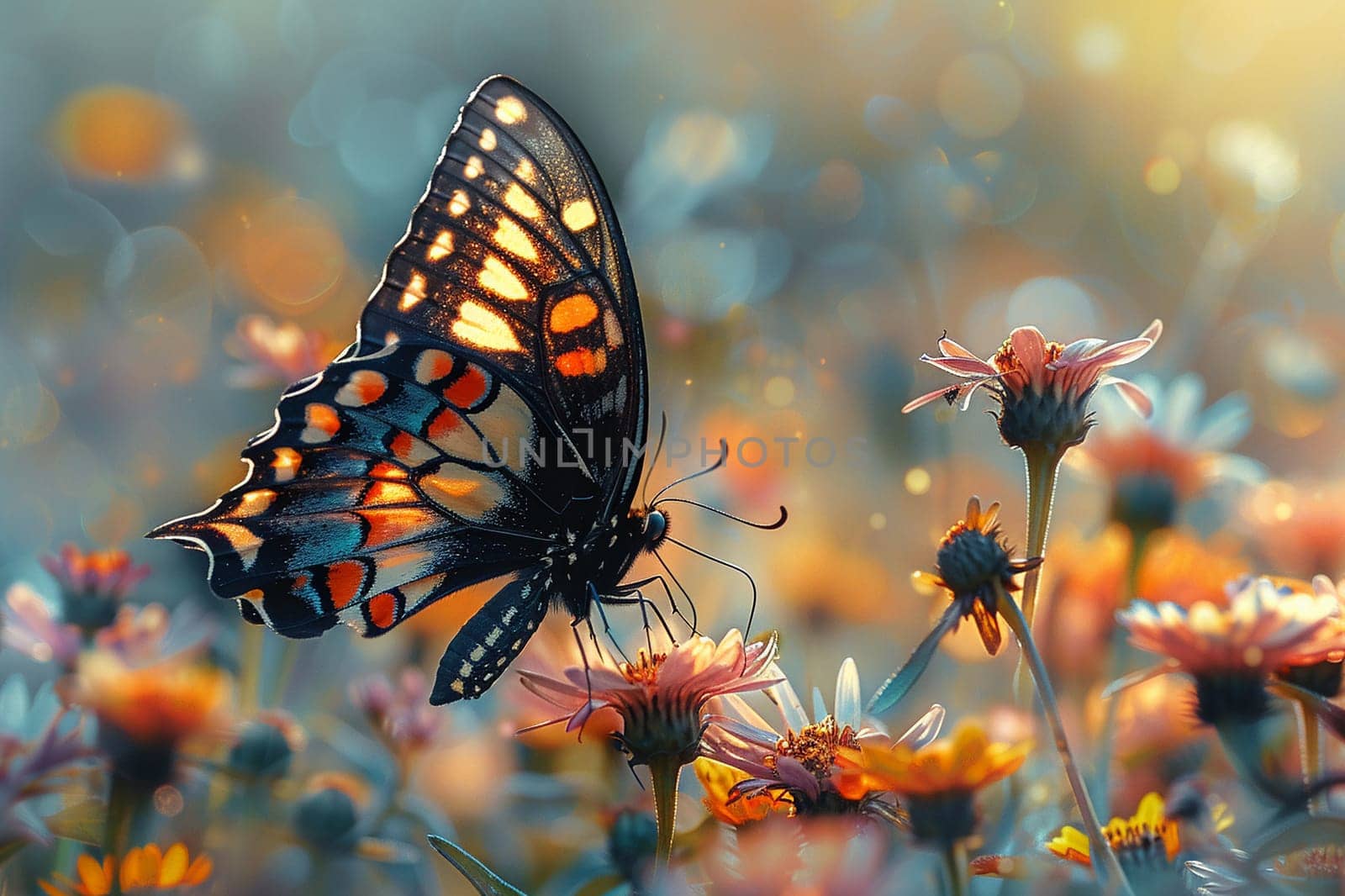 Fleeting Butterfly Landing on a Sun-Kissed Wildflower, The wings blur with petals, a dance of color and fleeting beauty.