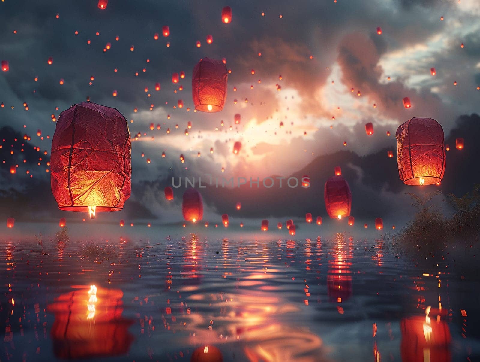 Glowing Lanterns Released into a Twilight Sky, The light blurs upward, hopes and wishes rising into the evening.