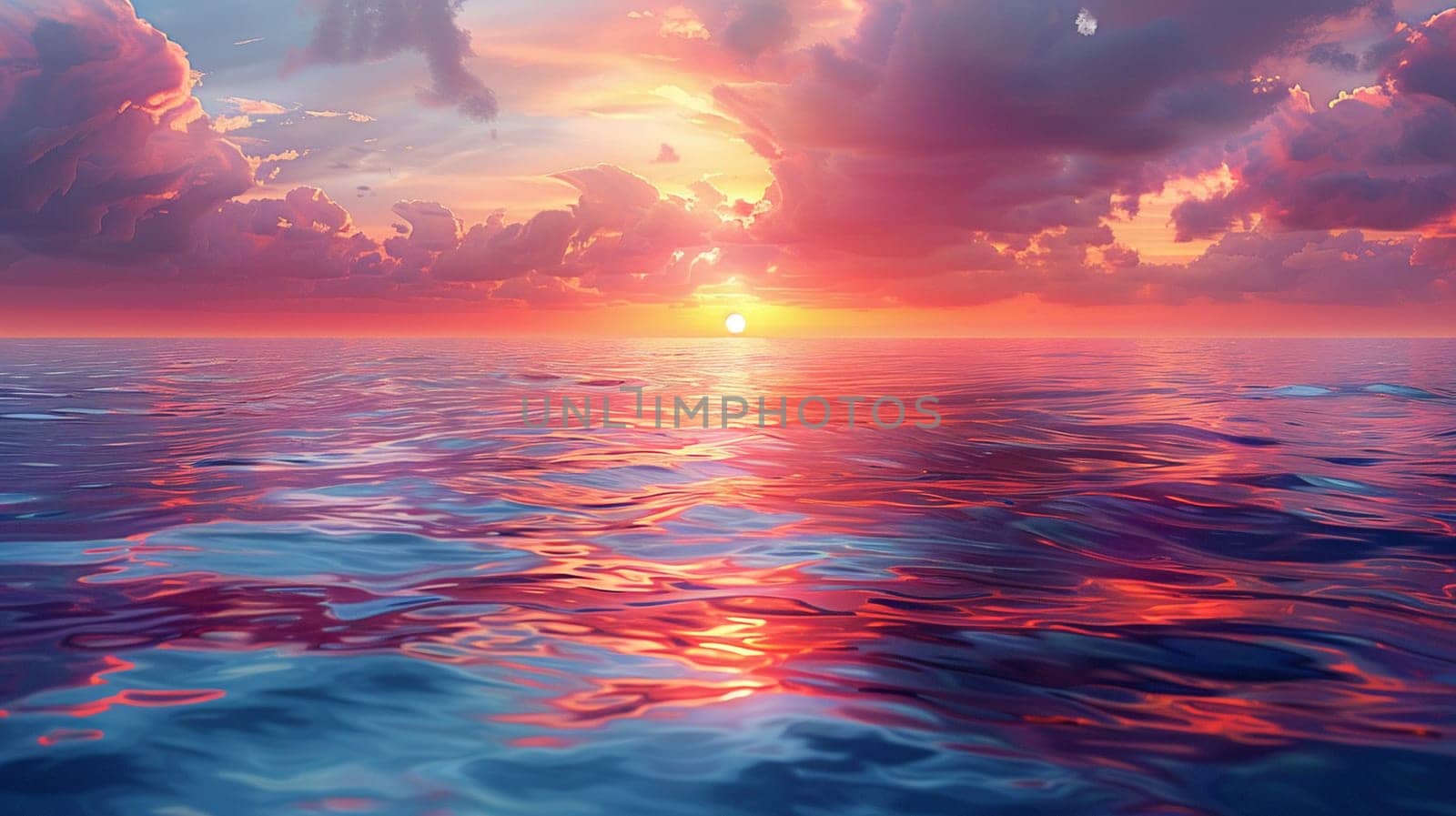 Sunset Reflections on a Calm Ocean Horizon, The sun's colors blur into the water, day's end painted on nature's canvas.