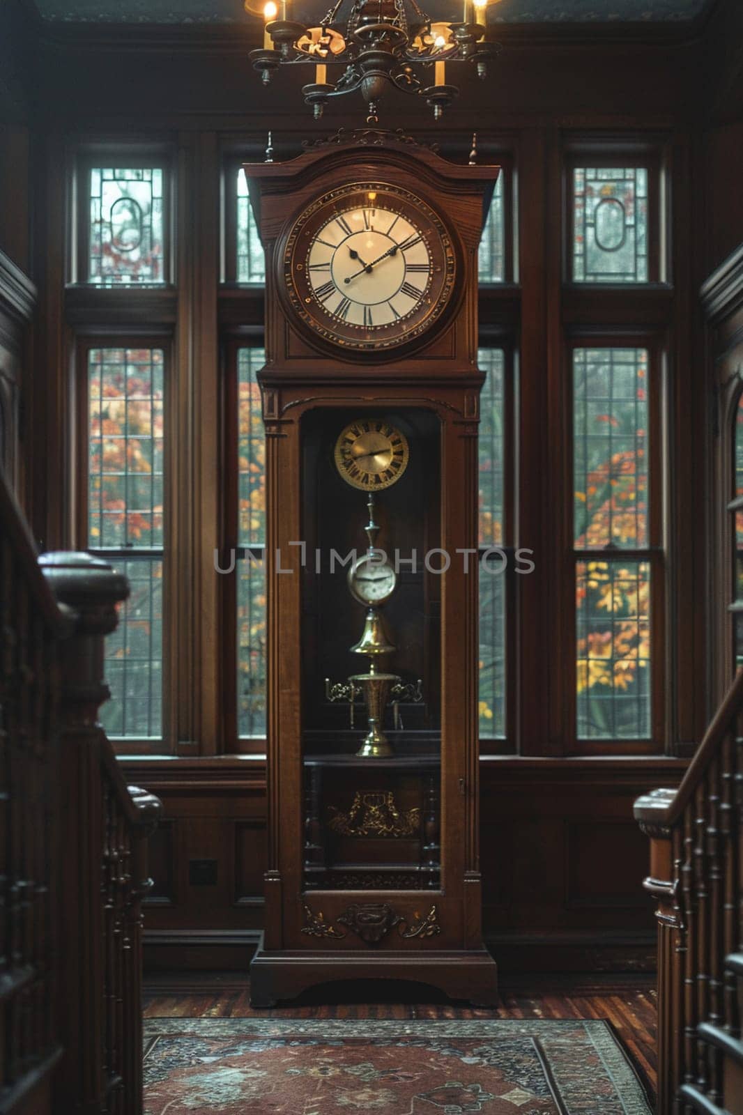 Silent Grandfather Clock Ticking Away in an Empty Hall, The hands blur with time, the heartbeat of a home standing sentinel.