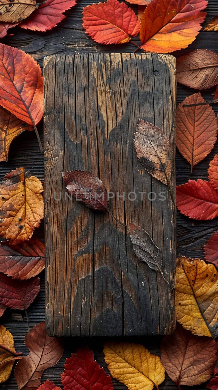 Stained Wood Block on an Autumn Leaves Background, The wood grains merge with the fall colors, evoking seasonal beauty trends.