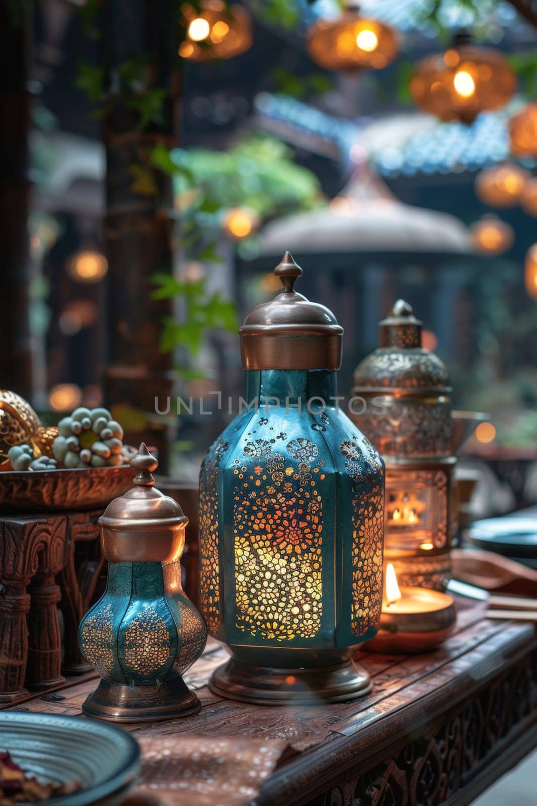 Decorative Arabic lanterns with burning candle stand in the city . Holiday card, invitation to the Eid al-Adha, the holy holiday for Muslims.