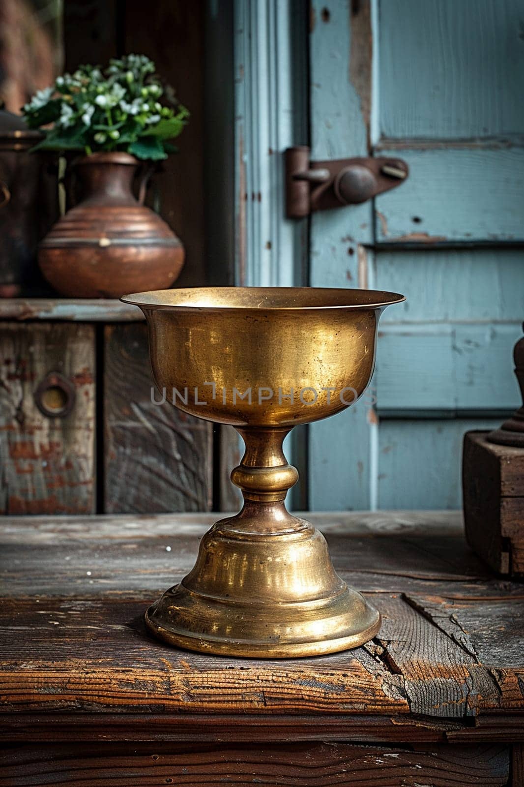 Vintage Brass Pedestal on an Antique Wood Table The warm metal tones blend with the rich history of the wooden backdrop by Benzoix