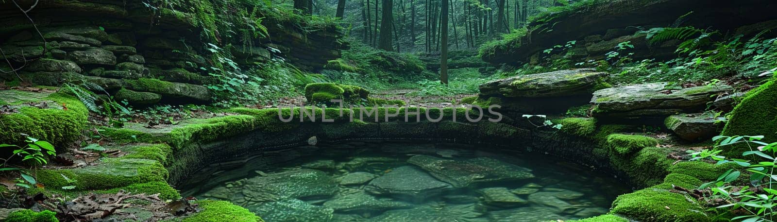 Old Stone Well Overgrown with Moss and Ferns The stones blur with the green by Benzoix