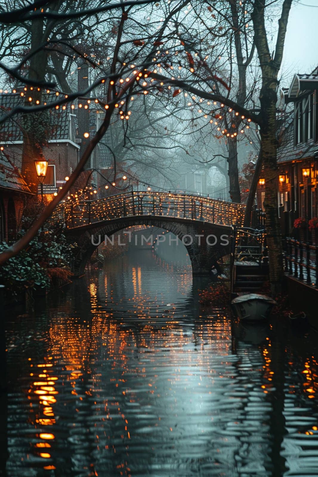 Softly Illuminated Cobblestone Bridge Over a Quiet Canal The lights blur into the water by Benzoix