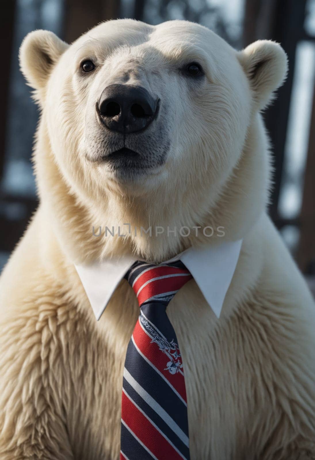 Much more than your average sight! Witness the delicate humor in this inventive image: a polar bear cleverly juxtaposed with the refinement of a formal shirt and a colorful tie