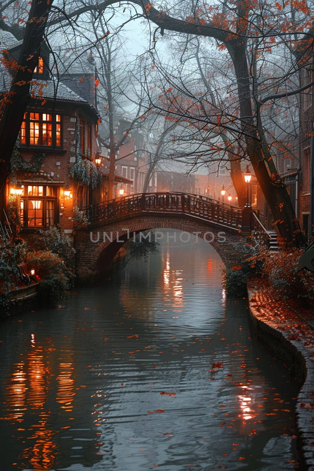 Softly Illuminated Cobblestone Bridge Over a Quiet Canal, The lights blur into the water, a tranquil passage through time.