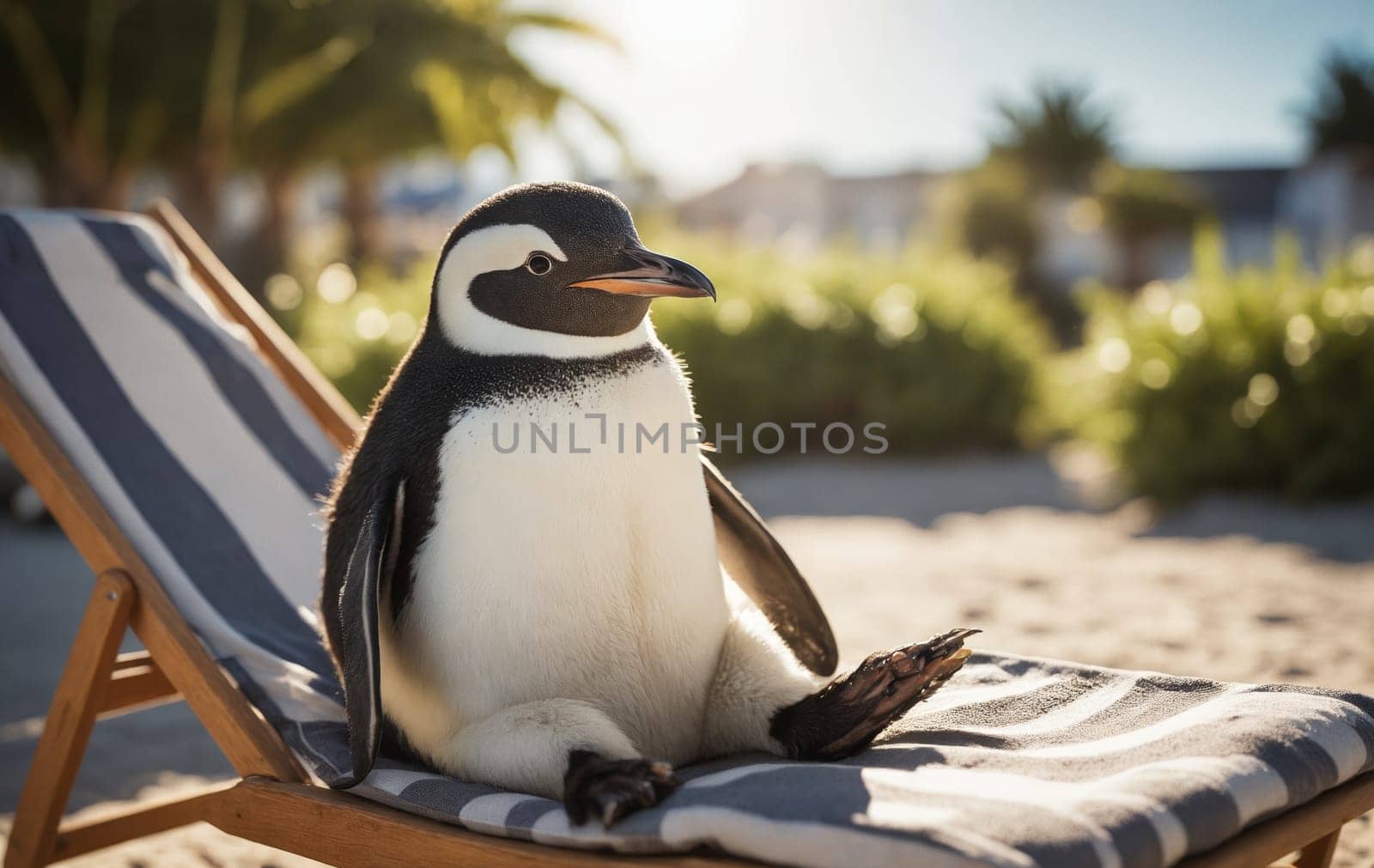 Kick back and relax with our adorable beach bum - a penguin on a beach chair! This image captures an unbeatable combination of wildlife and leisure.