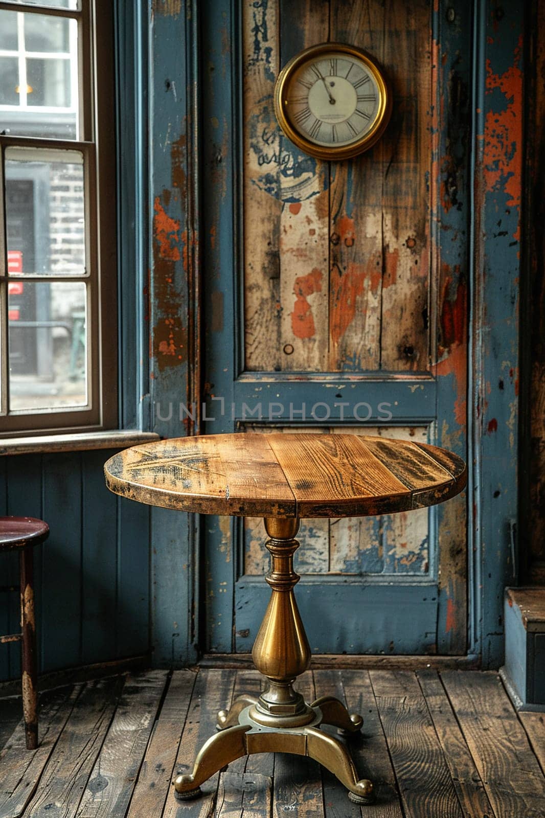 Vintage Brass Pedestal on an Antique Wood Table, The warm metal tones blend with the rich history of the wooden backdrop, ideal for heritage brands.