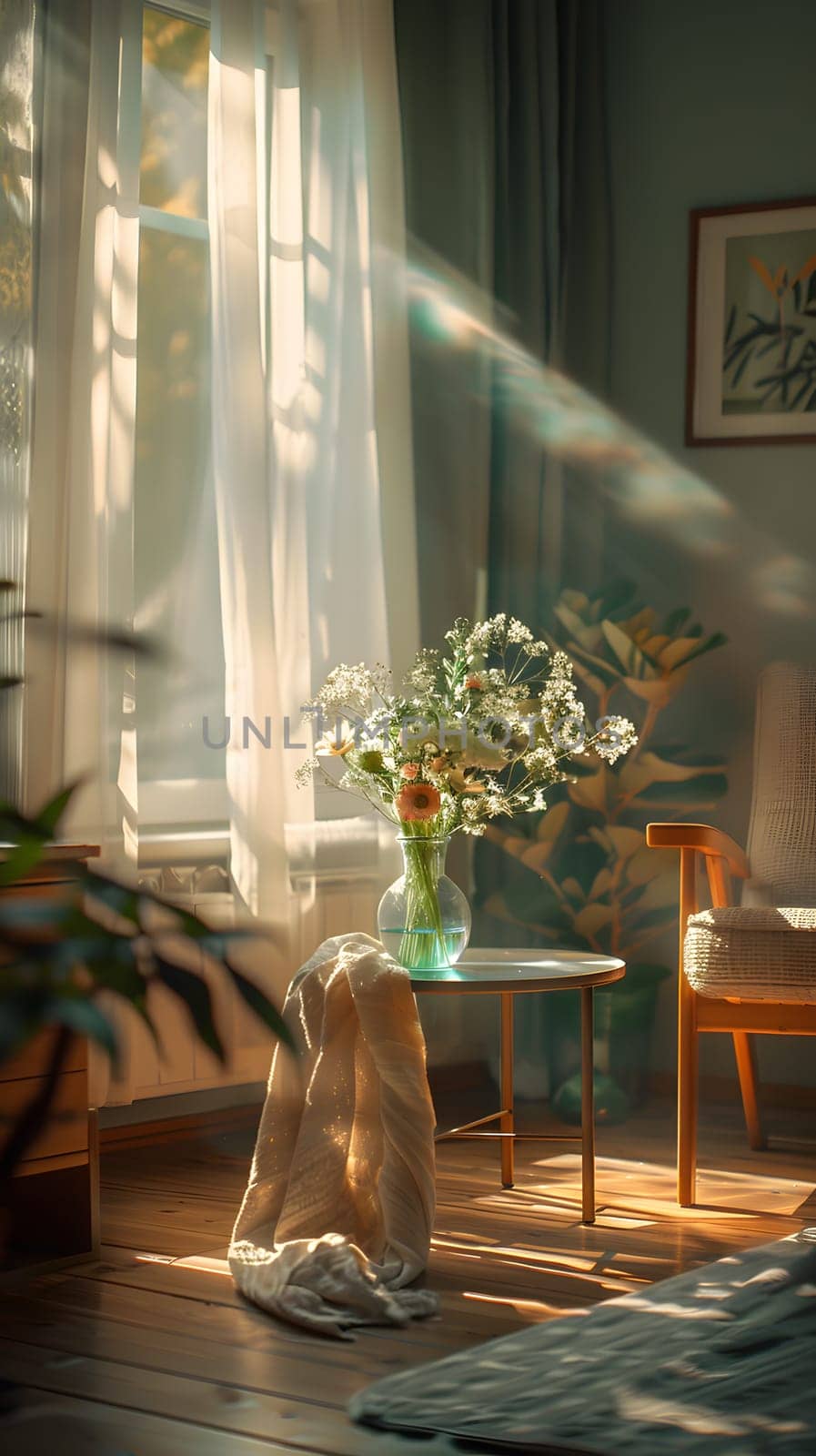 Natural sunlight filters through the curtains, illuminating a bouquet of flowers in a vase on a wooden table in a cozy living room interior