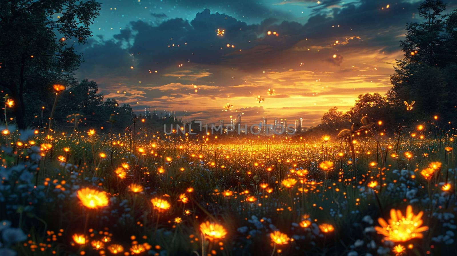 Twinkling Fireflies Dancing in a Twilight Meadow, The lights blur into dusk, summer's soft lanterns.