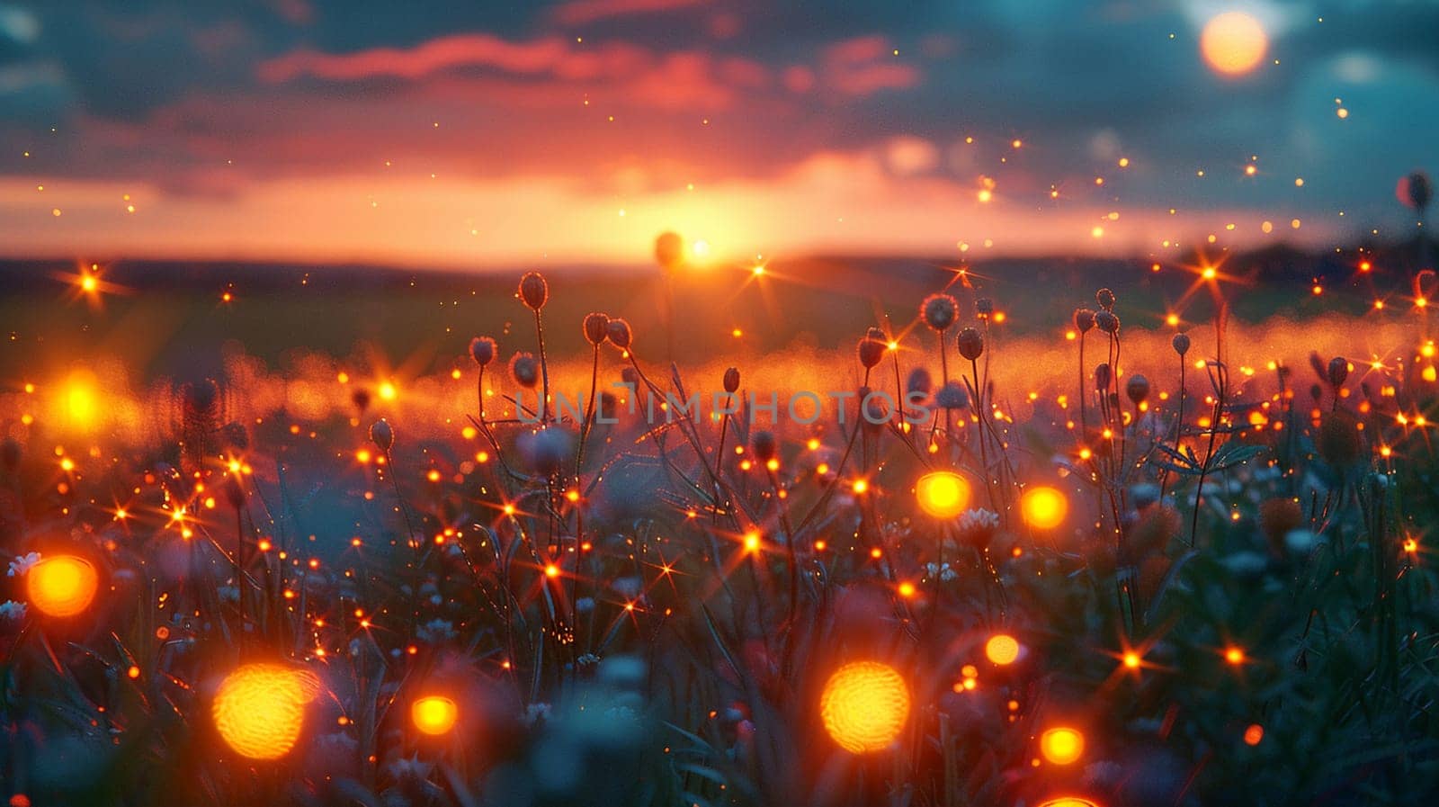 Twinkling Fireflies Dancing in a Twilight Meadow The lights blur into dusk by Benzoix