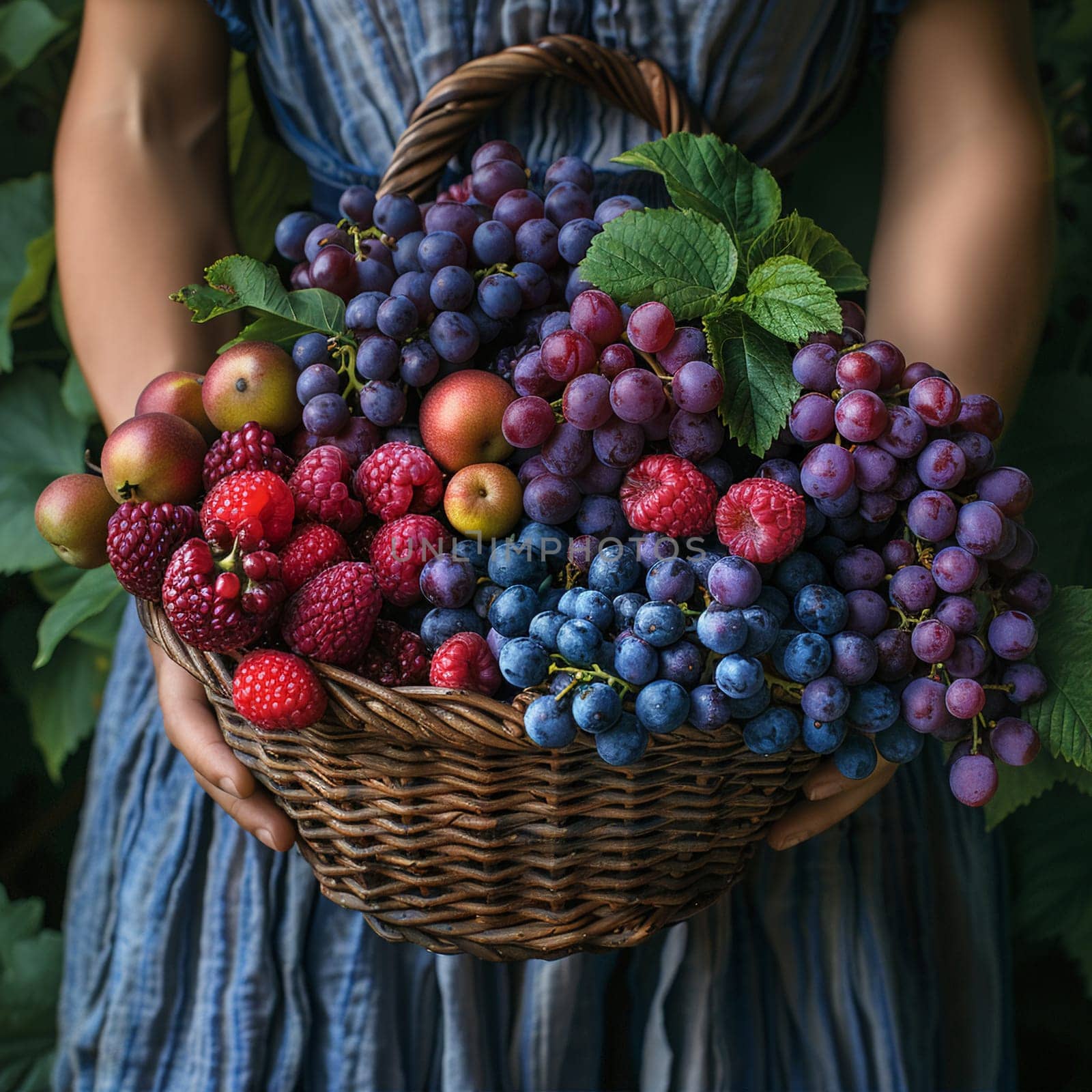 Handwoven Baskets Full of Freshly Picked Fruit, The textures blur with the bounty, the harvest in human hands.