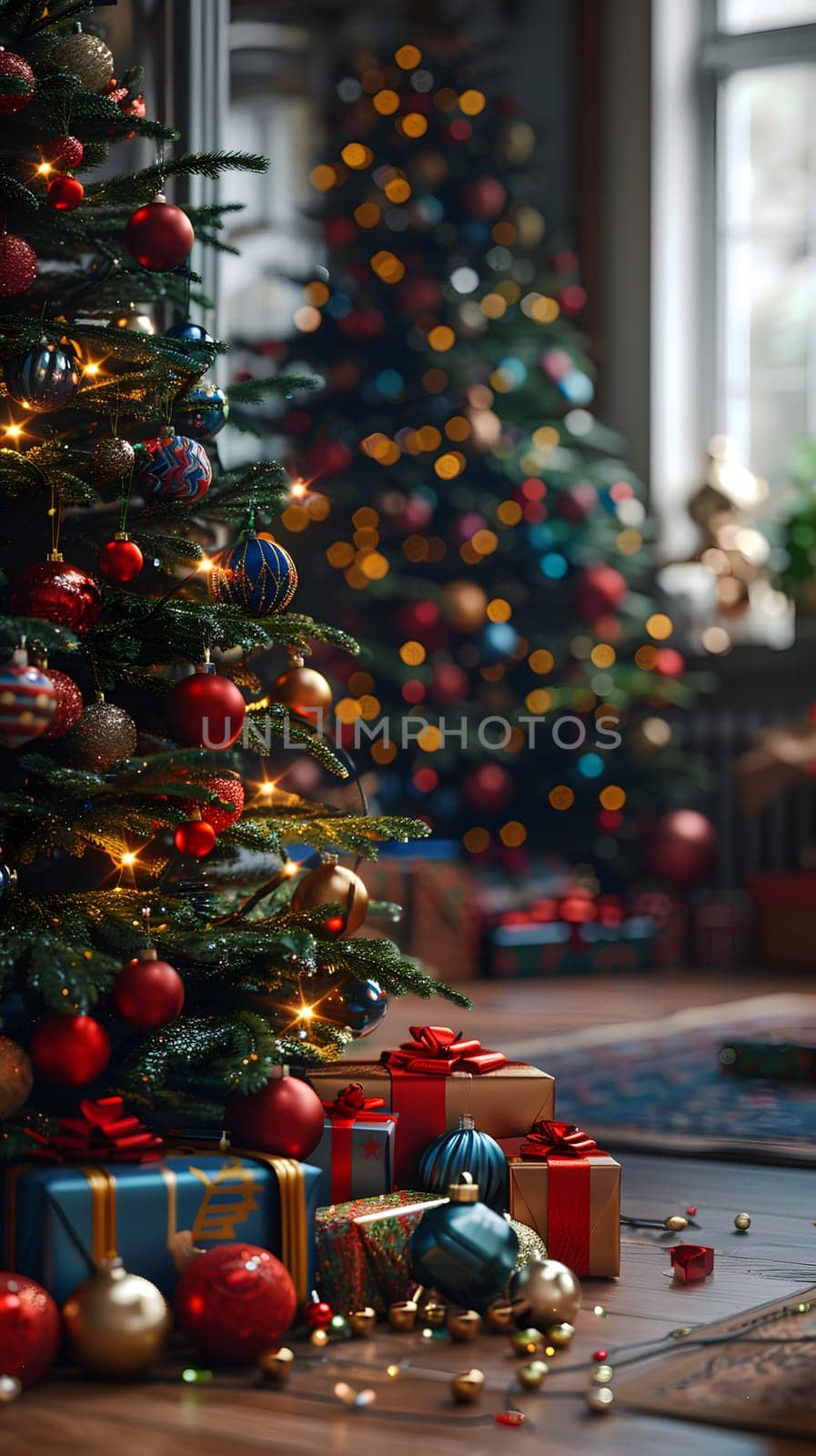 Festive Christmas tree with gifts in a cozy living room by Nadtochiy
