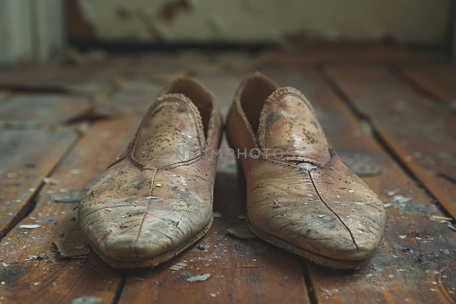Worn Ballet Slippers on a Vintage Wooden Floor, The soft leather blurs against the grain, stories of rehearsals whispered with every step.