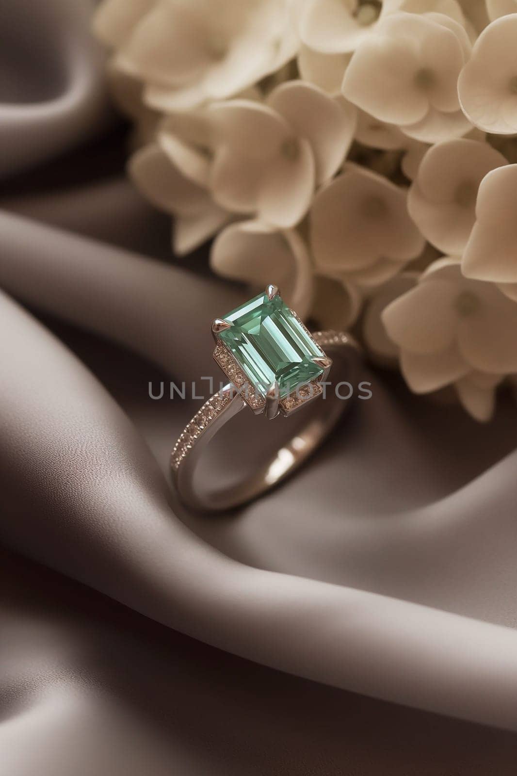 Elegant ring with emerald center stone and diamond accents surrounded by white flowers