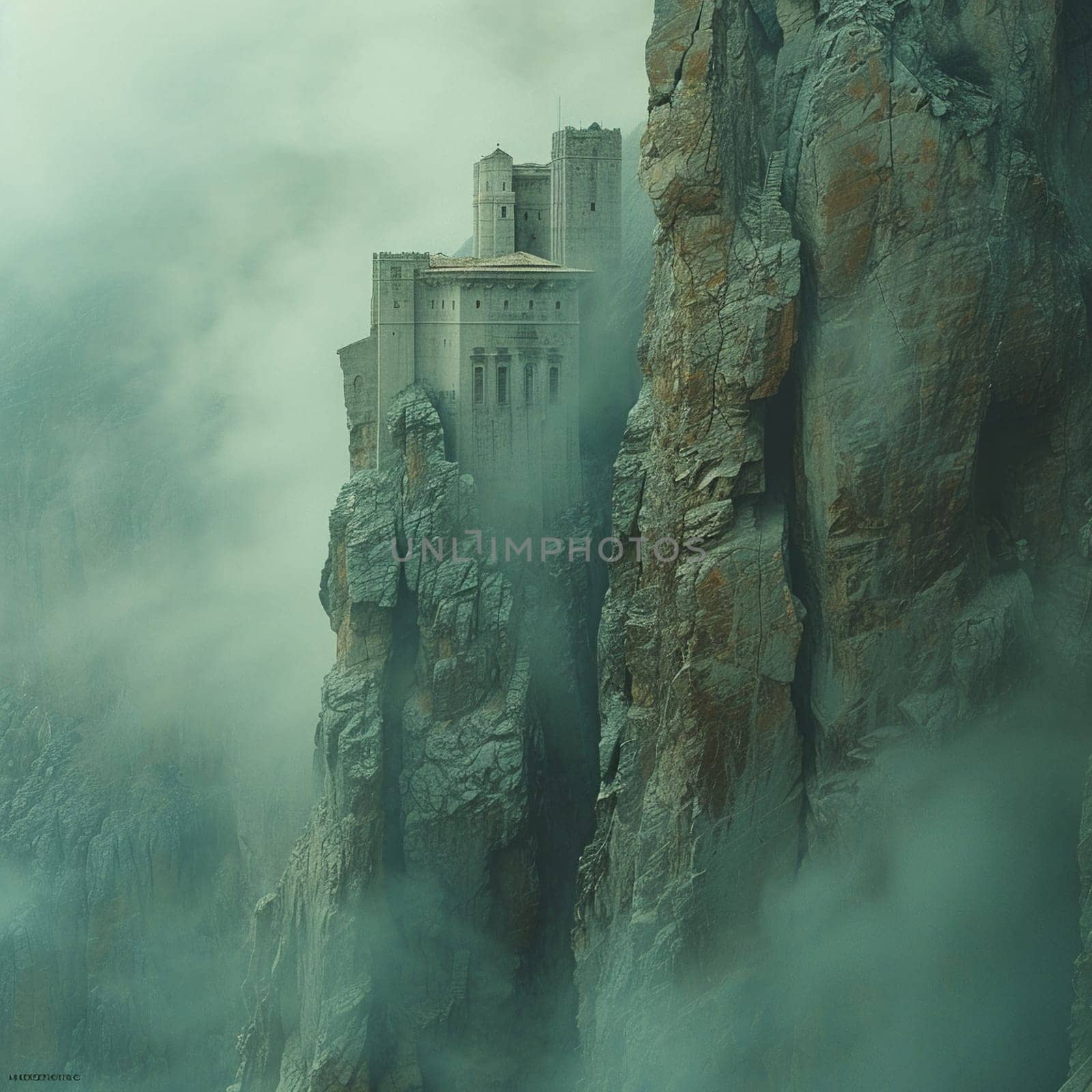 Early Morning Fog Enshrouding a Mountain Monastery, The mist blurs with the stone, a sanctuary perched between heaven and earth.