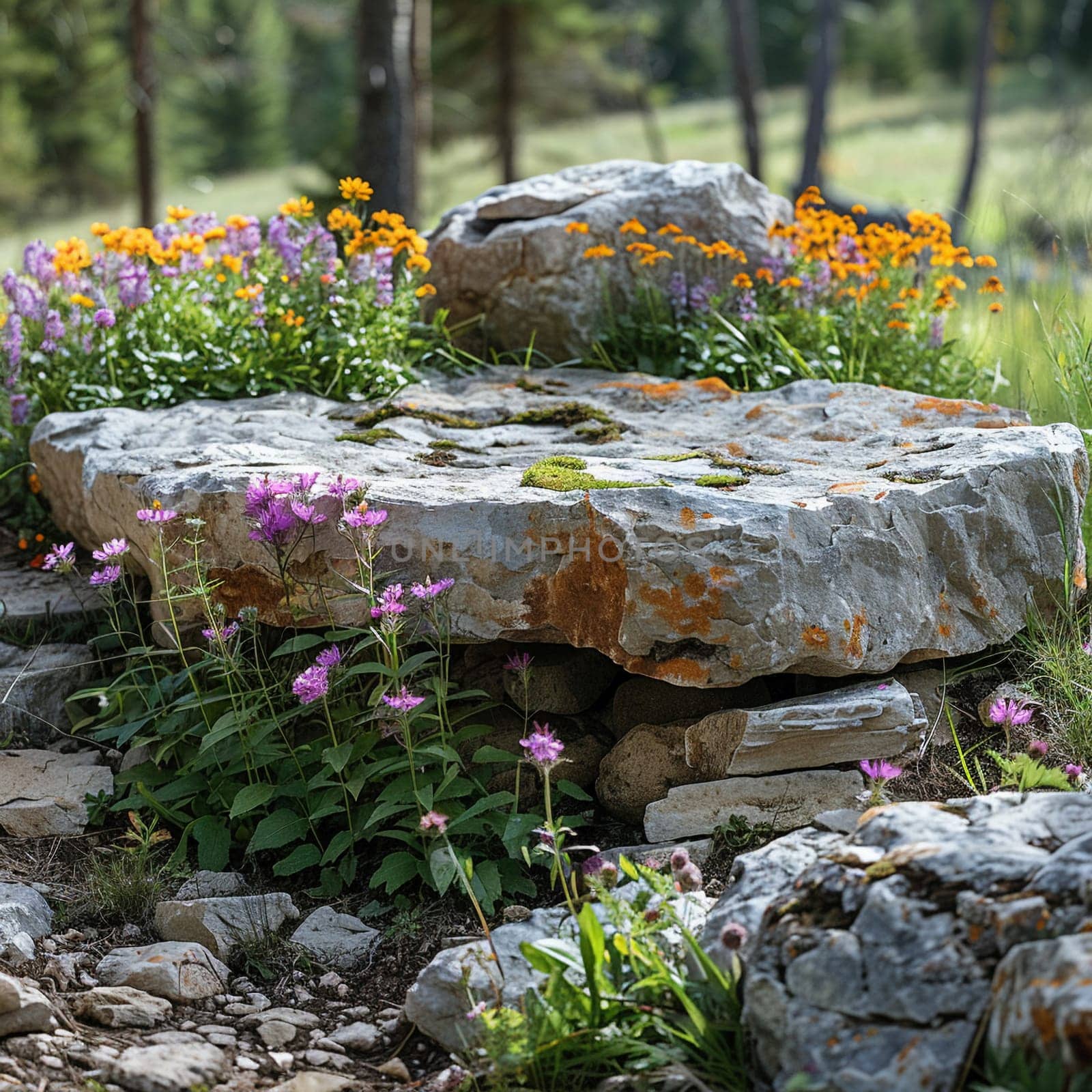 Rustic Stone Plinth Surrounded by Wildflowers and Greenery, The natural textures blur into an outdoor, organic environment, perfect for eco-friendly products.