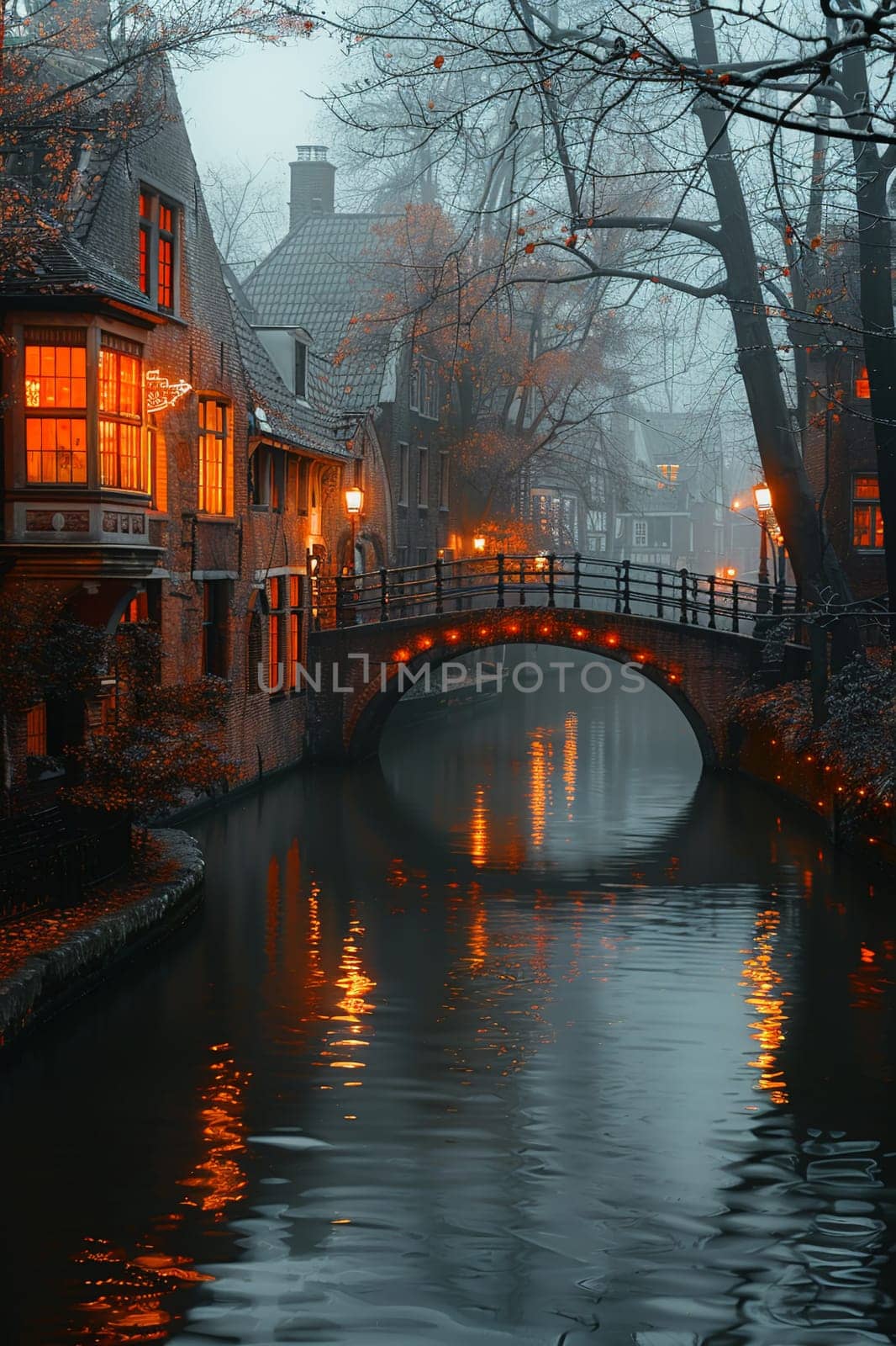Softly Illuminated Cobblestone Bridge Over a Quiet Canal, The lights blur into the water, a tranquil passage through time.