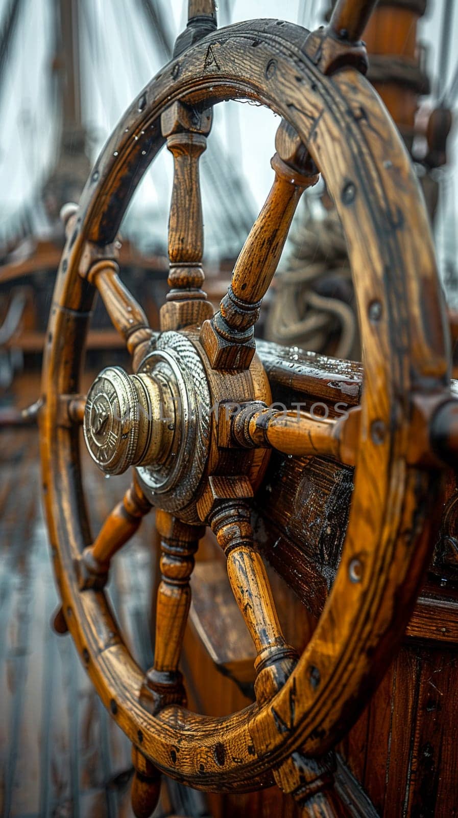Old Wooden Ships Helm Standing Guard Over a Silent Deck The wheel blurs with the sea by Benzoix