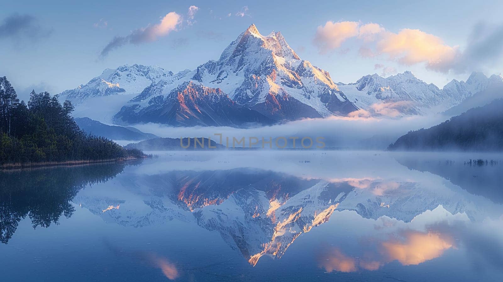 Snow-Capped Mountain Reflected in a Crystal Lake, The peaks blur with the reflection, nature's grandeur doubled in still waters.